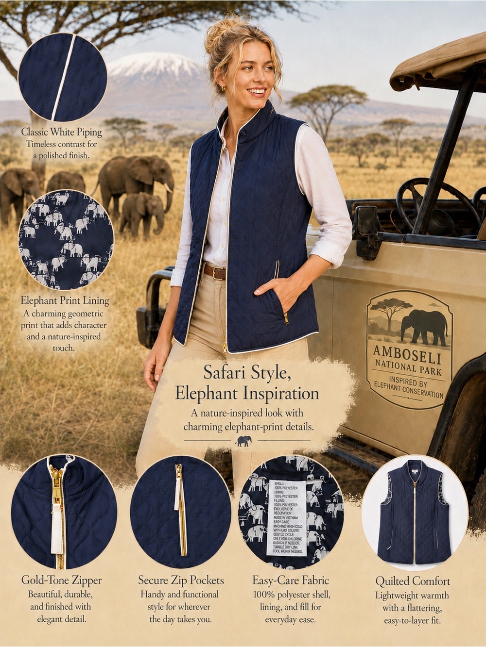 Crown & Ivy Navy Quilted Vest Sheep Print Lining Gold Zip Women’s Size L